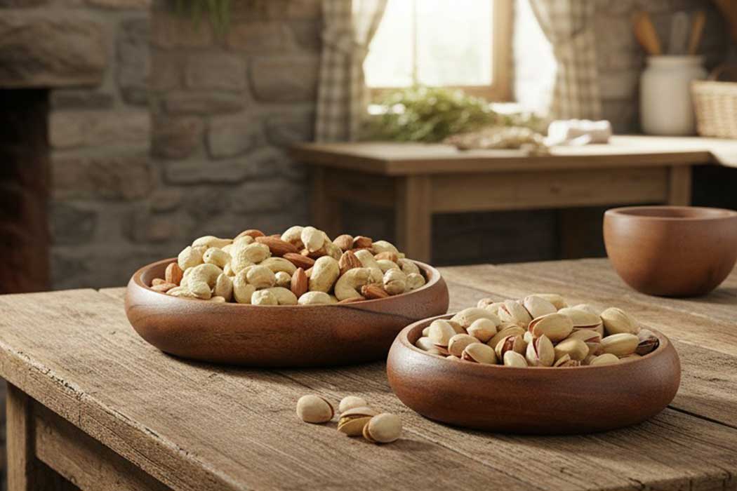 Wooden bowls filled with pistachios and mixed nuts rest on a rustic wooden table. A cozy kitchen with stone walls and a sunlit window is in the background.